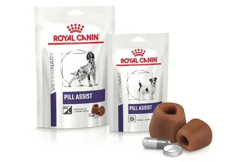 Dos paquetes de Royal Canin Pill Assist, uno para perros medianos/grandes y otro para perros pequeños, con golosinas para ocultar pastillas. ¡Así es como darle una pastilla a un perro!