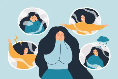 Kobieta z zakrytymi twarzą, otoczona przez kręgi z różnymi emocjami: smutek, złość, radość, przygnębienie. Ilustracja symbolizuje drgawki dysocjacyjne.
