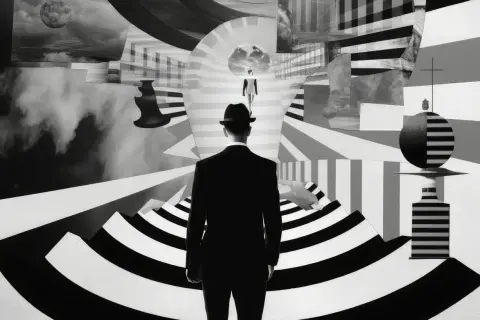 Mężczyzna w kapeluszu wchodzi w surrealistyczny labirynt. Obraz w stylu trompe l'oeil, pełen geometrycznych wzorów i iluzji.
