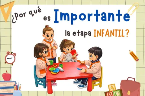 Cuatro niños en el colegio aprenden y juegan juntos en una mesa roja. La imagen resalta la importancia de la etapa infantil.
