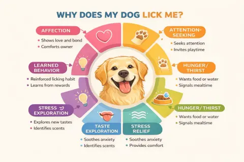 Diagram explaining why dogs lick: affection, attention-seeking, learned behavior, stress, exploration, taste, and hunger/thirst.