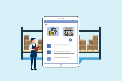Trabajador con portapapeles frente a estanterías con cajas. Tablet muestra iconos de gestión del inventario y lista de tareas.