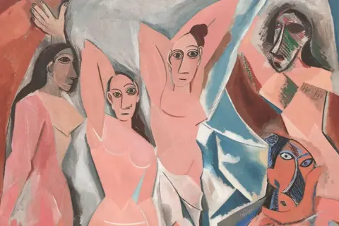 Portret Gertrudy Stein w stylu kubistycznym, z wieloma postaciami i geometrycznymi kształtami.