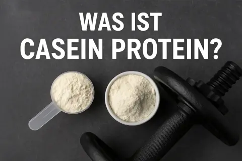 Was ist Casein Protein? Pulver in Löffel und Schale, daneben Hantel.
