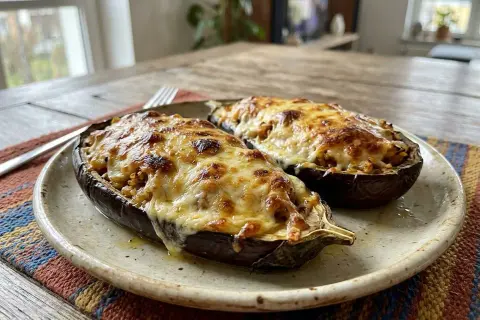 Dwa połówki pieczonego bakłażana z pysznym, ciągnącym się serem i aromatycznym nadzieniem.