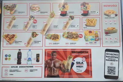 Menu Bafra Kebab: tortille, frytki, boxy, talerze, nuggetsy, krążki cebulowe. Promocja zestaw pudziana z mięsem.