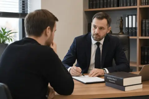 Prawnik omawia z klientem, co grozi za mobbing w pracy. Na biurku Kodeks Pracy.