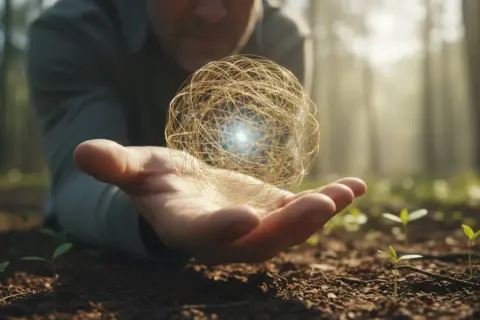 Dłoń trzymająca świetlistą kulę, symbolizującą sprawczość i potencjał rozwoju, otoczona młodymi pędami w lesie.