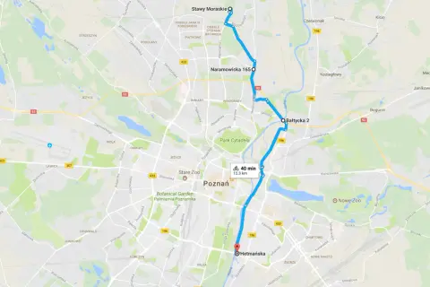 Trasa rowerowa przez Poznań, od Stawów Moraskich do Hetmańskiej, z zaznaczoną wartostradą.