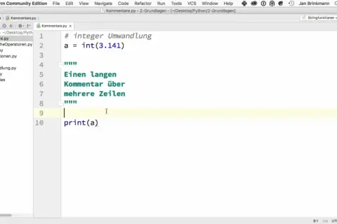 Un éditeur de code montre un script Python avec des commentaires. La ligne 1 contient un commentaire sur la conversion d'entiers. Les lignes 5 à 7 affichent un long commentaire sur plusieurs lignes.