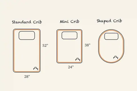 Not all cribs are the same size. This image shows a standard crib (28"x52"), a mini crib (24"x38"), and a shaped crib.