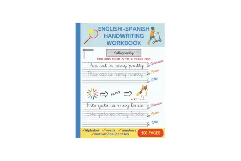 Plantillas caligrafía para niños de 5 a 9 años, con frases en inglés y español para practicar escritura y pintura.