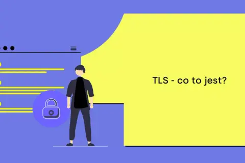 Ilustracja wyjaśniająca, że TLS - co to jest? Przedstawia mężczyznę obok ikony kłódki i listy, symbolizując bezpieczeństwo w sieci.