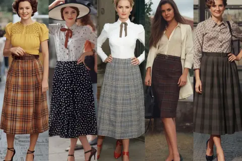 Pięć kobiet w stylizacjach inspirowanych modą retro. Jedna z nich ma na sobie sukienkę w kratę, przypominającą styl hipiski.