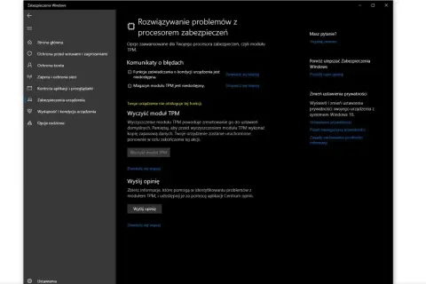 Ustawienia Zabezpieczeń Windows: rozwiązywanie problemów z procesorem zabezpieczeń, czyli modułem TPM. Komunikaty o błędach i opcje czyszczenia modułu TPM.