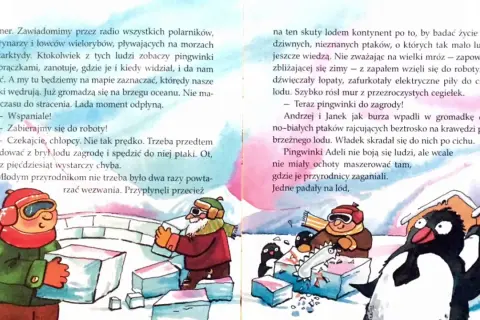 Ilustracja przedstawia ludzi budujących zagrodę z lodu dla pingwinów.