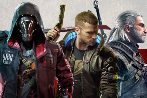 Trzech bohaterów z najlepszych polskich gier: V z Cyberpunk 2077, Geralt z Wiedźmina i postać z nieznanej gry.