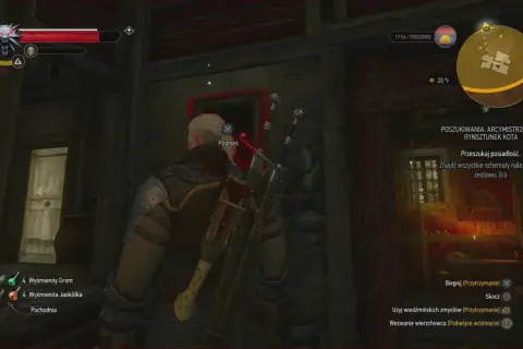 Geralt szuka schematów do arcymistrzowskiego rynsztunku kota w zrujnowanej posiadłości.