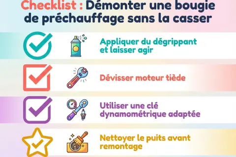 Checklist pour changer une bougie de préchauffage : appliquer dégrippant, dévisser moteur tiède, utiliser clé dynamométrique, nettoyer puits.