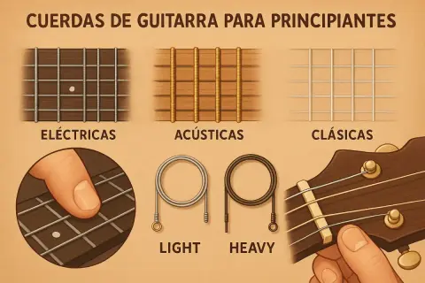 Ilustración muestra las cuerdas de guitarra eléctrica, acústica y clásica. También se ven cuerdas "light" y "heavy".