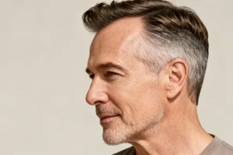 Ein Mann mit einem modernen Haarschnitt und dicken Haaren, die grau meliert sind.