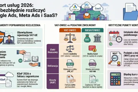 Import usług 2026: rozliczenie Google Ads, Meta Ads i SaaS. Kluczowe punkty kontrolne, VAT-owiec vs zwolniony, mechanizm odwrotnego obciążenia.