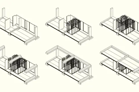 Diagrama de montaje de cabinas de baño prefabricadas, mostrando la estructura y la adición de módulos.