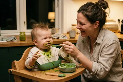 En glad mamma matar en grönfläckig broccoli bebis som ser lite skeptisk ut.