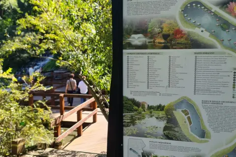Blick auf den botanischen Garten Breslau mit einer Karte der Wasserpflanzen und einem Weg durch üppiges Grün.