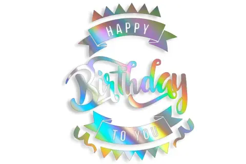 Błyszczące naklejki happy birthday z tęczowymi akcentami. Idealne do dekoracji tortu lub prezentu.