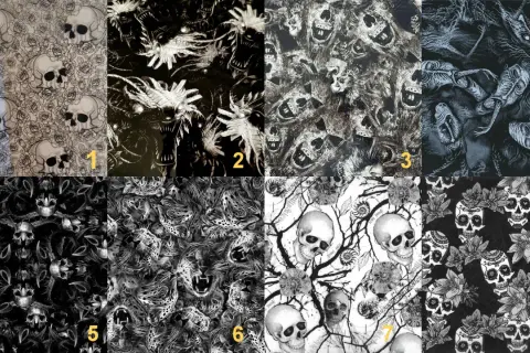 Kolaż ośmiu wzorów folii hydrograficznej z motywami czaszek, smoków i panter.