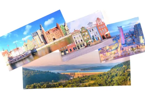 Kolaż zdjęć z europejskich miast: Gdańsk, Poznań, Wrocław i zapora wodna. Idealny na city break Europa.
