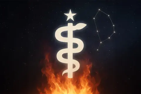 Symbol węża oplatający laskę, zwieńczony gwiazdą, unosi się nad płomieniami. Na nocnym niebie widać konstelację, sugerującą 13 znak zodiaku.