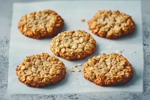 Fem gyllene, mjuka havrekakor ligger utspridda på bakplåtspapper. De ser perfekta ut att doppa i mjölk.