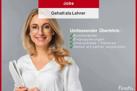 Eine lächelnde Lehrerin mit Brille hält ein Notizbuch. Der Text thematisiert, wie viel verdient ein Lehrer, und bietet einen Überblick über Gehälter.