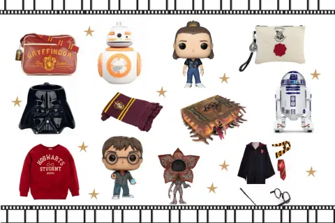 Kolekcja gadżetów dla nastolatków: torba Gryffindor, figurki BB-8, Eleven, R2-D2, Harry'ego Pottera, Demogorgona, kubek Dartha Vadera, książka o potworach, szalik i szata Hogwartu.