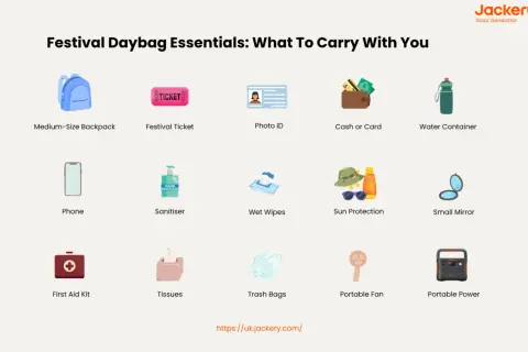 Festival packing list: backpack, ticket, ID, cash, water, phone, sanitizer, wipes, sun protection, mirror, first aid, tissues, trash bags, fan, and portable power.