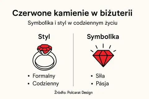 Pierścionek z czerwonym klejnotem symbolizuje siłę i pasję. Obok grafika przedstawia ten sam czerwony klejnot.