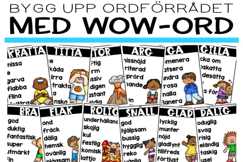 Affisch med "WOW-ORD" för att bygga ordförråd. Varje ord har synonymer och en illustration.