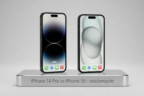Dwa iPhone'y na srebrnej podstawce, jeden z ciemną tapetą, drugi z jasną. Porównanie iPhone 14 Pro vs iPhone 15.