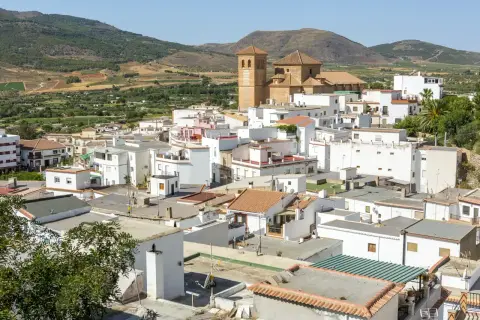 Vista panorámica de Laujar de Andarax, con su iglesia destacando entre casas blancas y tejados rojos. Un pueblo andaluz pintoresco que ver.