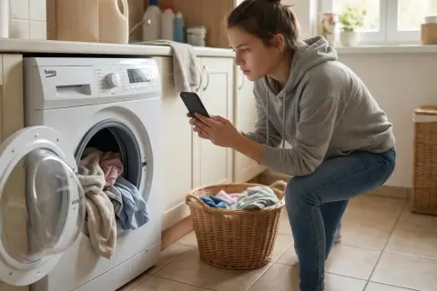 Młoda kobieta sprawdza w telefonie, czy trzeba prać nowe ubrania, obok otwartej pralki i kosza z praniem.