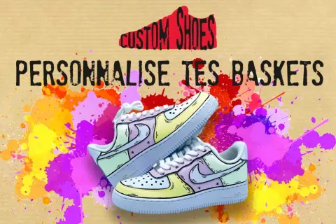 Des baskets personnalisées, aux couleurs vives, prêtes à peindre. Un style unique pour vos pieds.