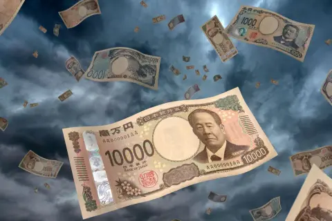 Deszcz banknotów, waluta Japonii, jeny spadają z nieba na tle burzowych chmur.