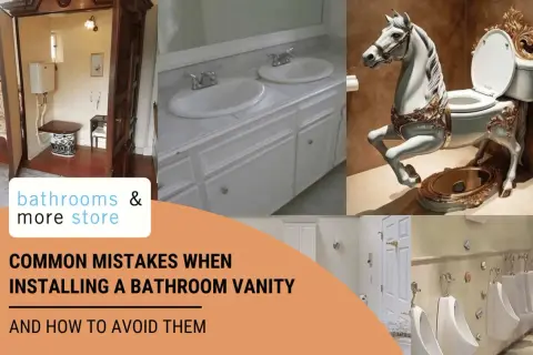 Collage of bathroom scenes, including a vintage toilet enclosure, a double vanity, a horse-shaped toilet, and urinals. Learn about common mistakes when installing a bathroom vanity.