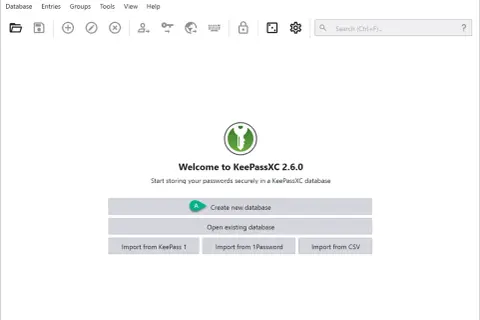 Ekran powitalny KeePassXC 2.6.0. Możesz stworzyć nową bazę danych, otworzyć istniejącą lub zaimportować dane. To niebezpiecznik do przechowywania haseł.