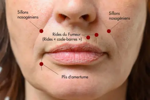 Gros plan sur le visage d'une femme, montrant les sillons nasogéniens, les rides du fumeur autour des lèvres et les plis d'amertume.