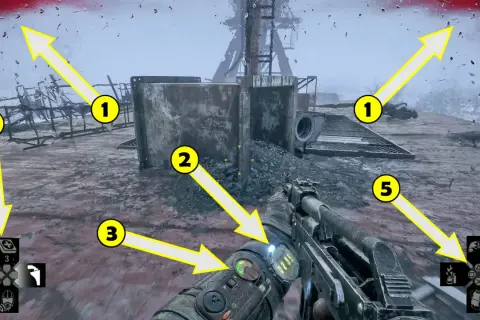 Wskazówki do gry Metro Exodus: poradnik pokazuje drogę, cele i interfejs. Strzałki kierują gracza.