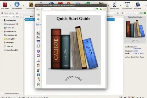 Un lecteur epub Windows gratuit : Calibre affiche le guide de démarrage rapide d'un livre électronique au format EPUB.