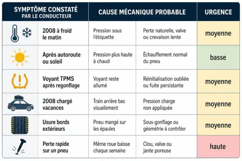 Tableau des causes probables de problèmes de pression pneu 3008 : froid, soleil, voyant TPMS, vacances, usure, crevaison.